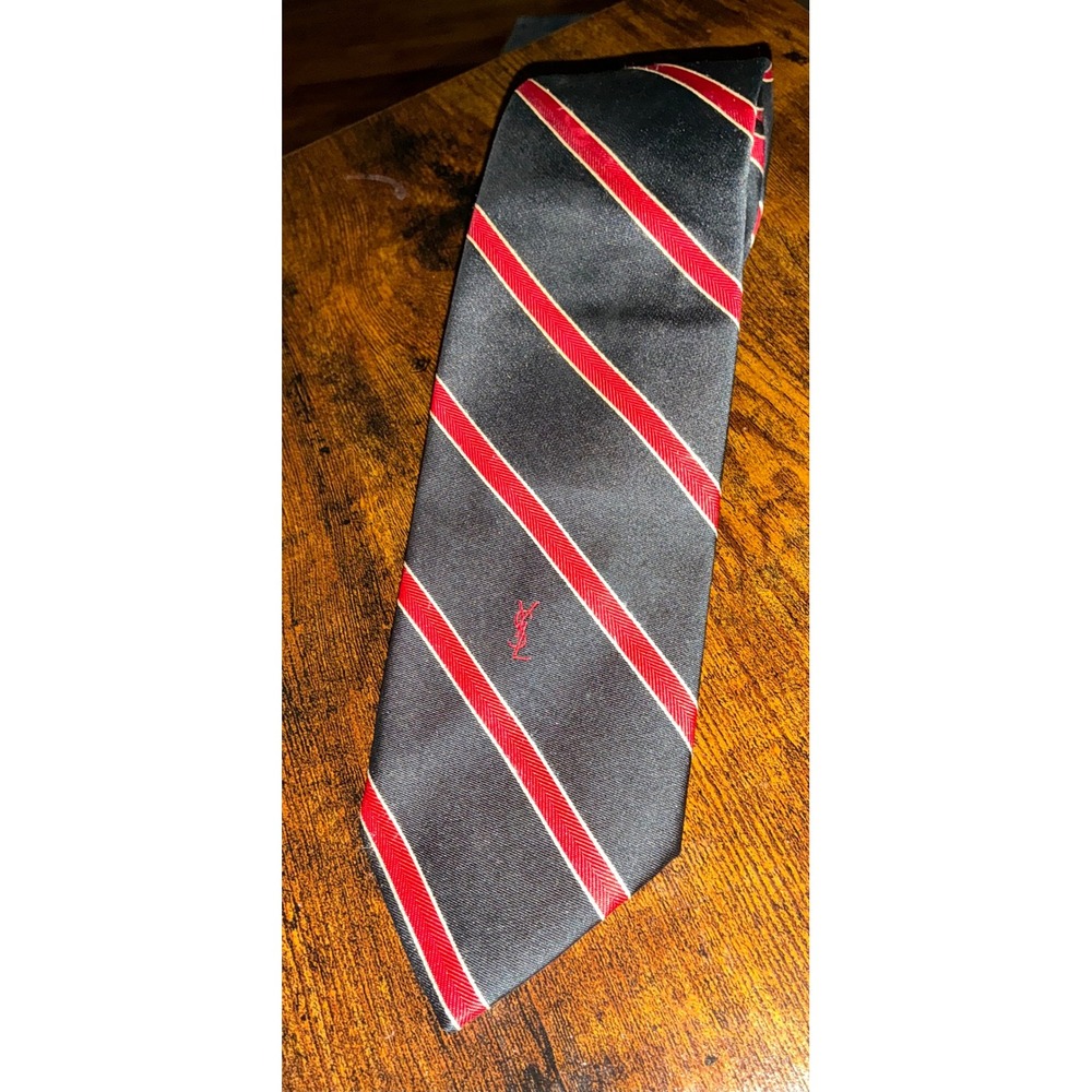 Yves Saint Laurent YSL Silk Necktie Red Black White Diagonal Stripe Vintage Tie